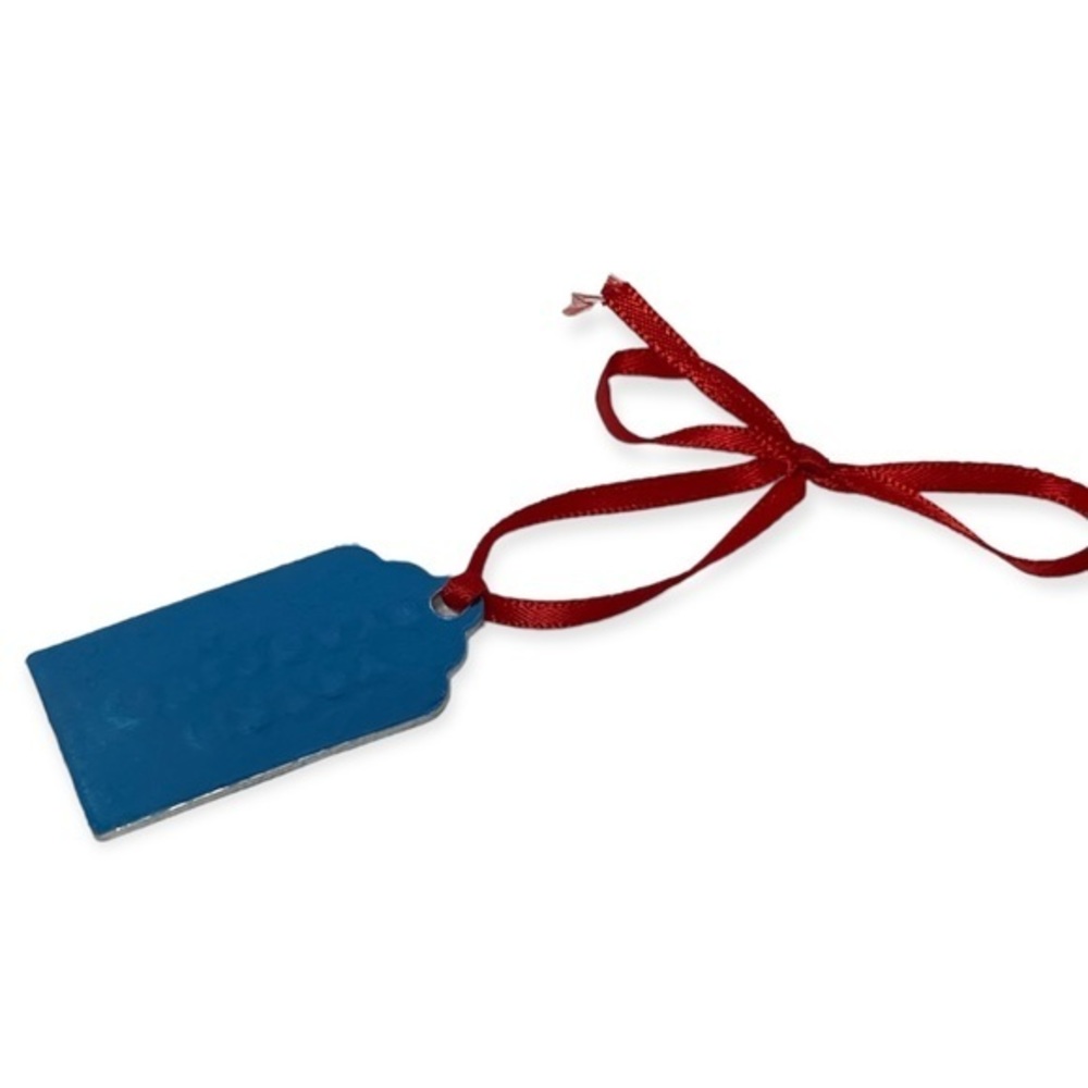 Handmade Holiday stamped happy holidays Silver aluminum red ribbon ornament - Picture 3 of 4